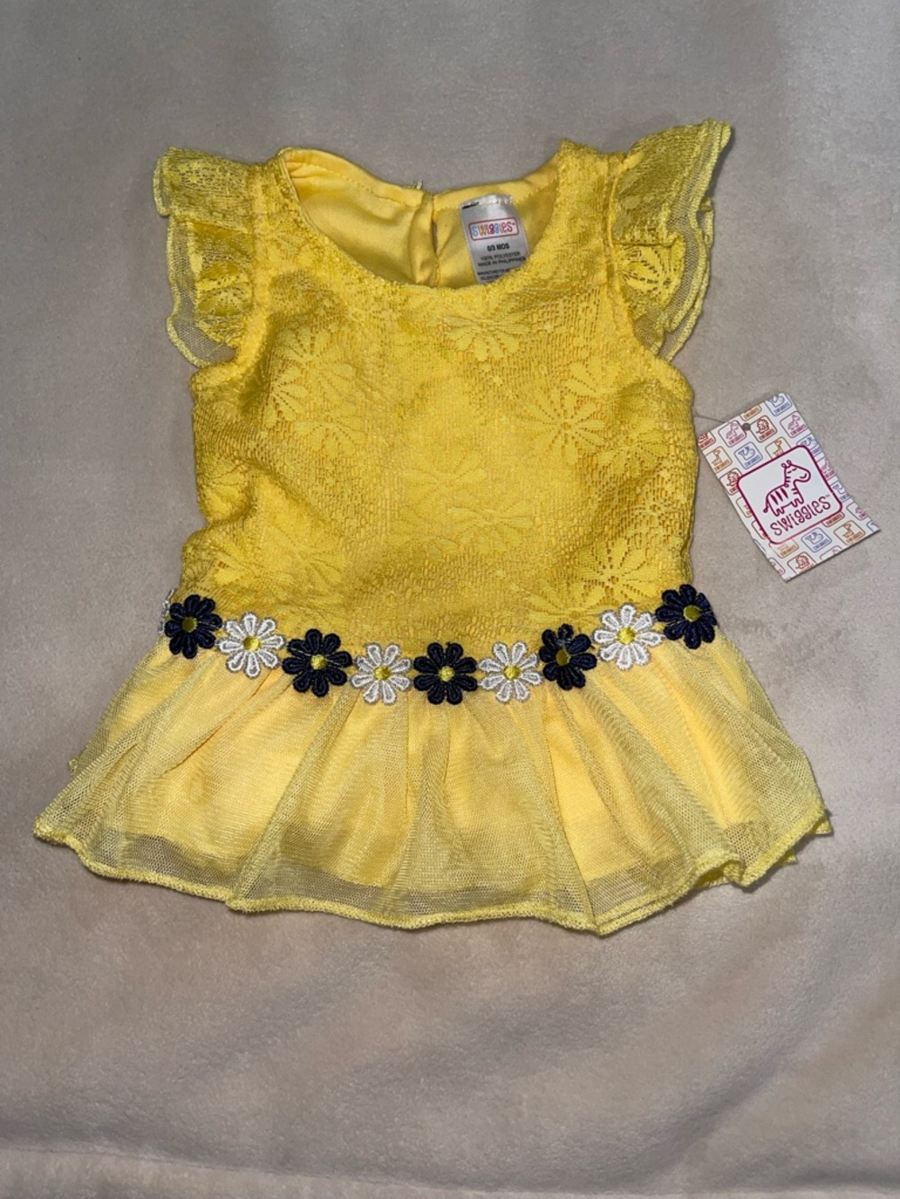 Swiggles Yellow Lace Dress‎ with Navy & White Daisy Belt